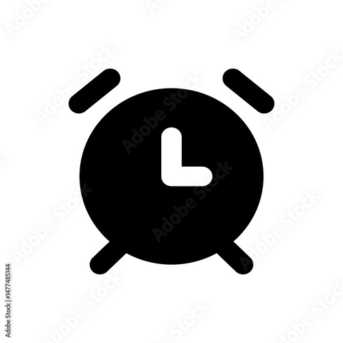 Illustration of a black alarm clock with two bells and a white clock hand showing the time on a white background