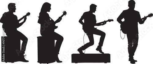 Silhouettes of the musicians playing guitar on a white background. Vector illustration