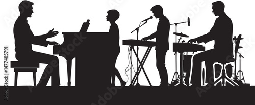 Piano players silhouettes isolated on white background, vector illustration