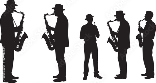 Silhouettes of jazz saxophone musicians on white background. Vector illustration.