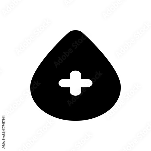 Illustration of a black blood drop with a white plus sign inside representing healthcare and medicine