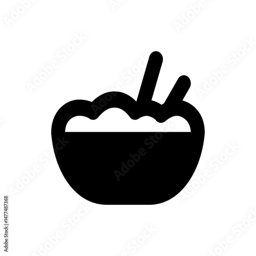 Illustration of a black bowl filled with food and two chopsticks sticking out of the top of the bowl