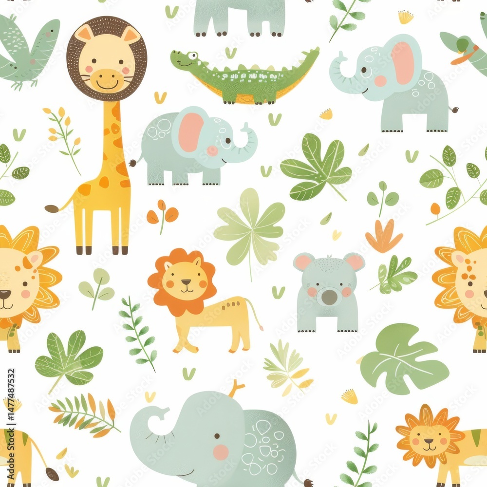 Naklejka premium seamless repeating pattern of cute cartoon elephants, giraffes, lions, zebras, and crocodiles, soft pastel colors