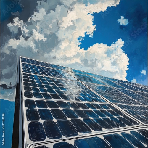 Obraz na płótnie Solar panel under bright blue sky and clouds. w salonie
