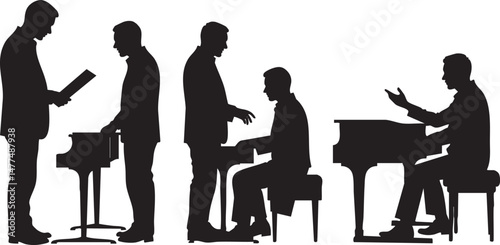 Piano players silhouettes isolated on white background, vector illustration