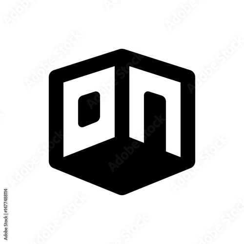 On lettering inside a black cube with white outline and interior details creating a minimalist design logo