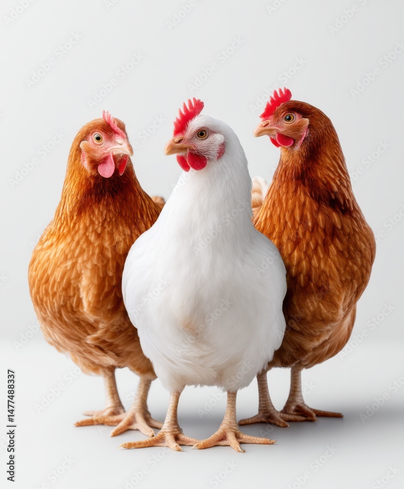 Fototapeta premium Group of Three Chickens White and Brown Hens Standing Together