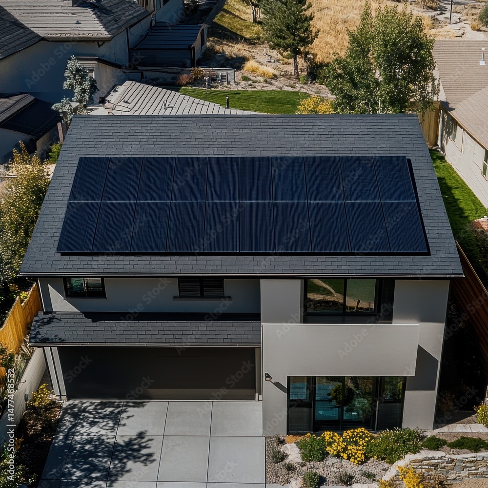 Modern house with solar panels on the roof.