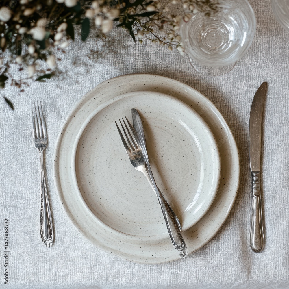 Elegant table setting with cutlery and plates.
