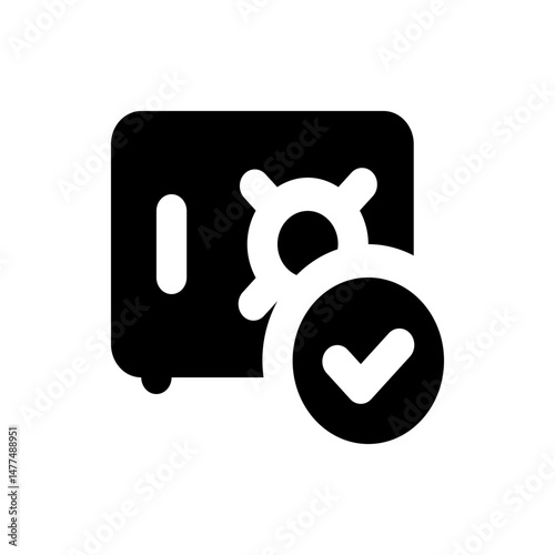 Illustration of a black safe with a white lock mechanism and a check mark inside a black circle