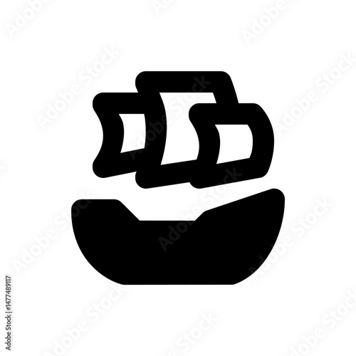 Illustration of a black ship with three sails and a curved hull on a white background in a simple style
