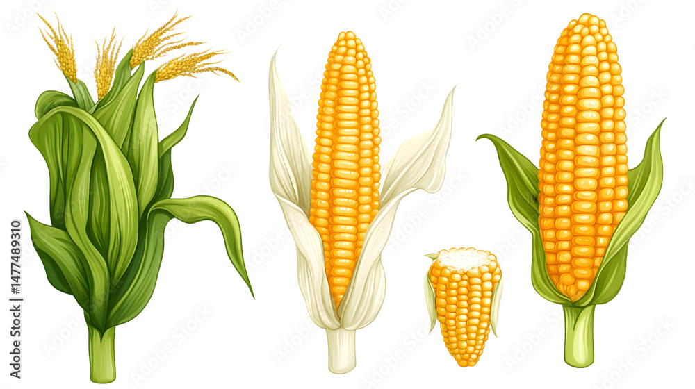 Obraz premium Colorful Cartoon Corn Vegetable Illustration Set Isolated on White Background