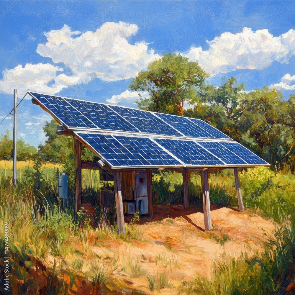Solar panel installation in a green landscape.