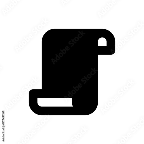 A simple black and white graphic of a scroll with a curled bottom and a hanging loop at the top right