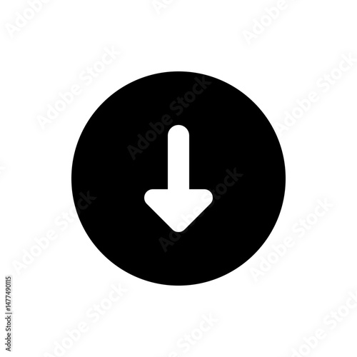 White down arrow inside a black circle, indicating download or direction, simple and clean design element icon