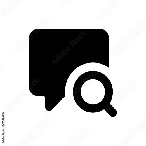 Black speech bubble with a rounded rectangular shape and a magnifying glass icon overlaying it to the right
