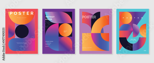 Abstract gradient poster background vector set. Minimalist style cover template with vibrant perspective 3d geometric prism shapes collection. Ideal design for social media, cover, banner, flyer.
