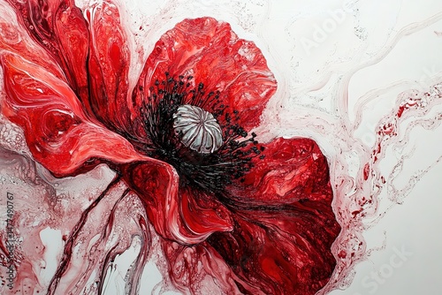 A blooming red poppy, its petals spread wide, with intricate details visible against a white background
