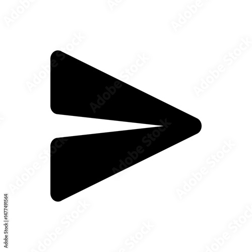 Black greater than symbol pointing right with rounded corners on a white background creating a chevron shape