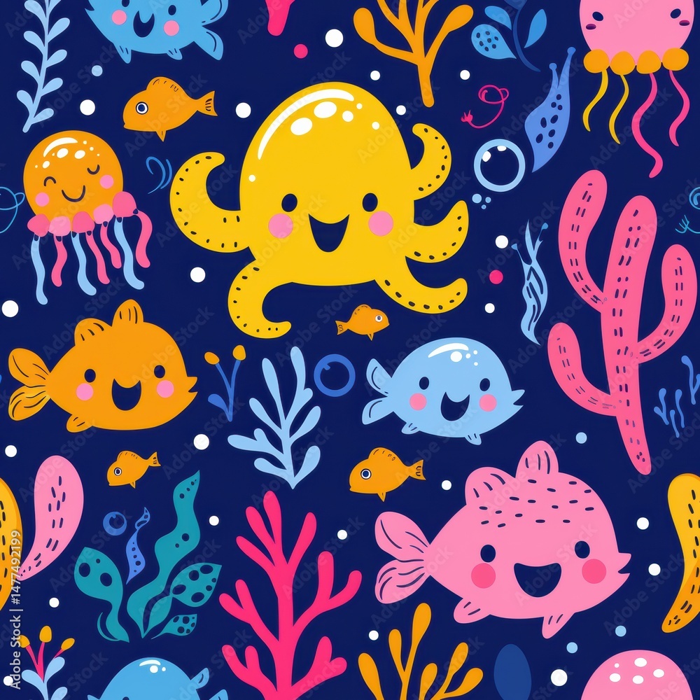 Fototapeta premium seamless repeating pattern of bright cartoon jellyfish, fish, seahorses, starfish, and undersea plants