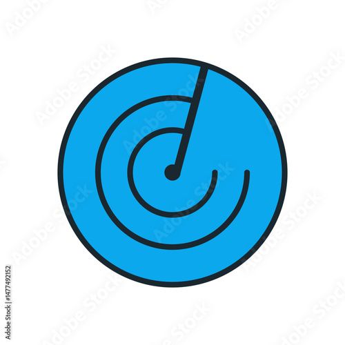 Minimalist blue radar screen with rotating arm and circular waves on white background