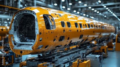 A large orange aircraft fuselage is being assembled in a high tech aerospace manufacturing facility. Workers are focused on ensuring precision and quality in the construction process.