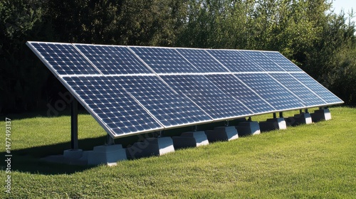 Obraz na płótnie Solar panels on grass reflecting renewable energy. w salonie