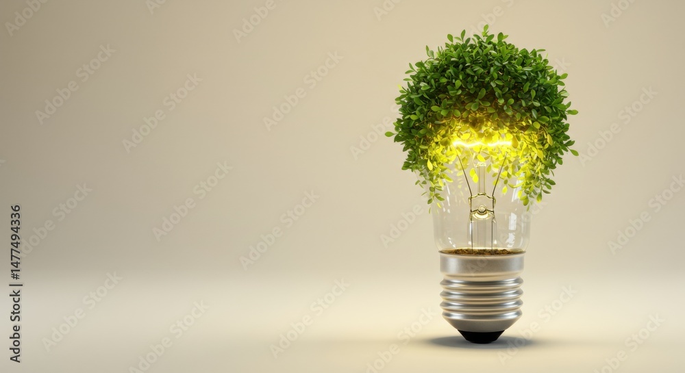 Eco-friendly innovation: greenery growing inside a glowing light bulb Eco-friendly innovation: greenery growing inside a glowing light bulb