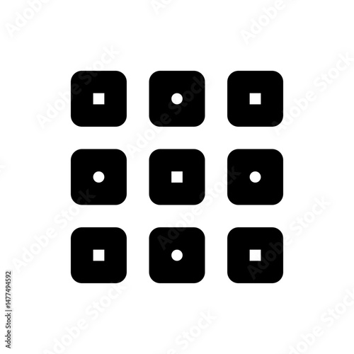 Arrangement of nine black rounded squares each containing a white square or circle in a grid pattern