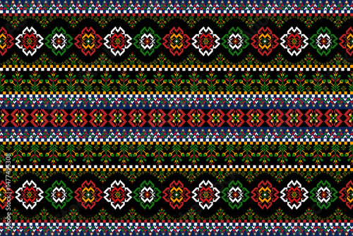 This ethnic pattern features a harmonious blend of tribal elements and geometric shapes, forming a stunning seamless pattern. Ideal for vector textile designs, this ethnic pattern evokes culture