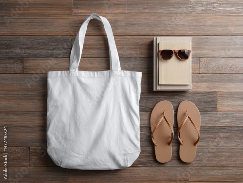 White tote bag book sunglasses and sandals on a wooden surface top view.