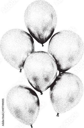 Black and white xerox effect vector balloons bunch birthday party celebration decoration festive holiday anniversary greeting card design element stipple retro vintage grainy textured illustration