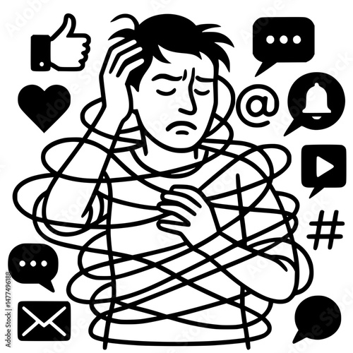 Black vector drawing of person wrapped in wires and digital icons symbolizing social media overload

