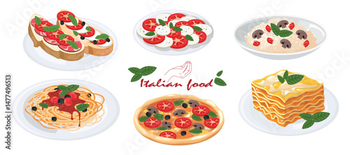 et Italian food in cartoon style. Vector illustration of delicious dishes: caprese salad, bruschetta, risotto, pasta, pizza, lasagna, isolated on white background. National dishes of Italian food.