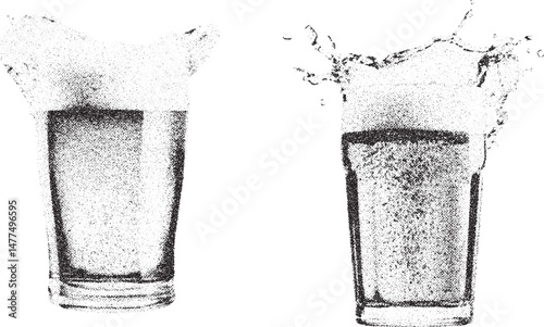 Black and White Xerox Effect Vector Illustration of Two Glasses One with Full Beer and Other with Splashing Beer Glass Pub Party Celebration Design Element Grunge Style Illustration Drink Beverage