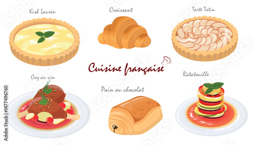 Set of tasty French cuisine dishes in cartoon style.Vector illustration of French dishes: Quiche Lorraine,croissant,Tarte Tatin, Coq au vin, Pain au chocolat, Ratatouille isolated on white background.