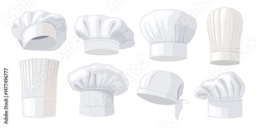 Set of white chef caps in cartoon style. Vector illustration of chef caps of different shapes and sizes: bandana, tall caps, mushroom-shaped, top hat, beret isolated on white background. Uniform.