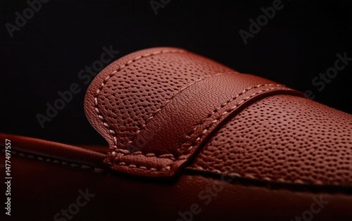 A high-detail macro shot of the fine grain of leather on a classic loafer, emphasizing the premium material and superior craftsmanship