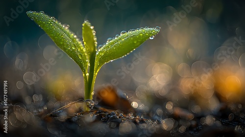 Close-up of a fresh seedling with dewdrops on its leaves, standing strong in early morning light, natural textures and soft shadows, clean composition with room for branding or message
