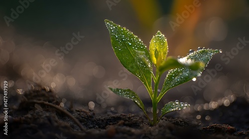 Close-up of a fresh seedling with dewdrops on its leaves, standing strong in early morning light, natural textures and soft shadows, clean composition with room for branding or message