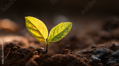 Macro shot of a young leaf emerging from the soil, glowing in warm sunlight, surrounded by soft earthy background, symbol of renewal, sustainability, and mindful living