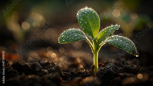 Close-up of a fresh seedling with dewdrops on its leaves, standing strong in early morning light, natural textures and soft shadows, clean composition with room for branding or message