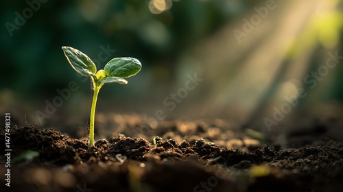 Tender green sprout growing from fertile ground, highlighted by golden morning rays, blurred natural background, concept of beginning, nurturing life and sustainable agriculture