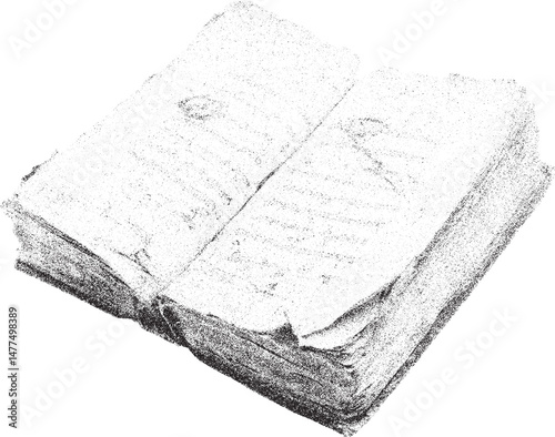 Black and white xerox effect vector illustration of an open book with textured pages ideal for vintage or grunge designs book cover education literature reading knowledge wisdom textbook novel story