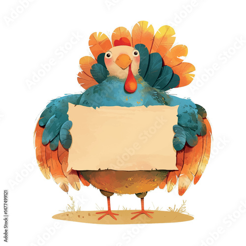 Colorful cartoon turkey holding a blank sign in a vibrant autumn setting for festive occasions