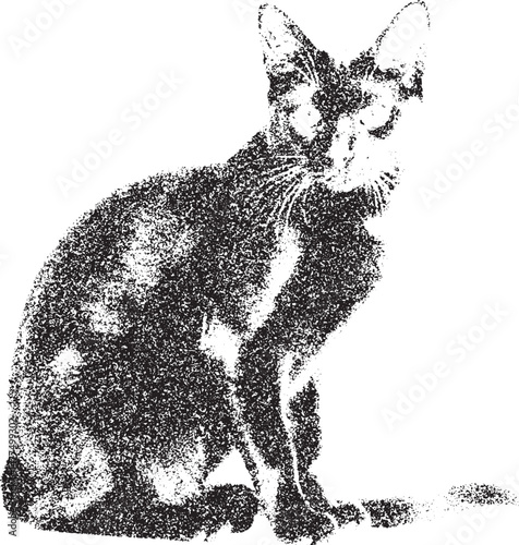 Black and white xerox effect vector illustration of a sitting cat grainy textured pet animal feline domestic shorthair kitty monochrome vintage distressed halftone stipple speckled gritty rough