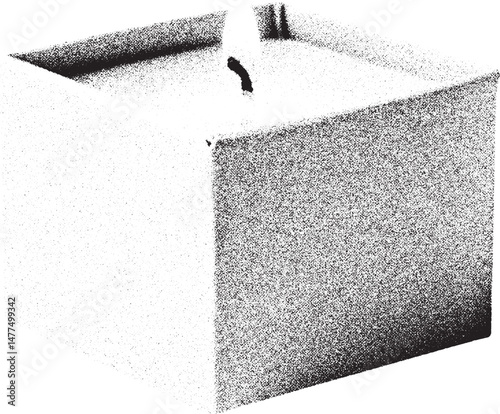 Black and white xerox effect vector illustration of a burning candle in a square container relaxation spa wellness meditation aromatherapy atmosphere home decor hygge monochrome grainy textured