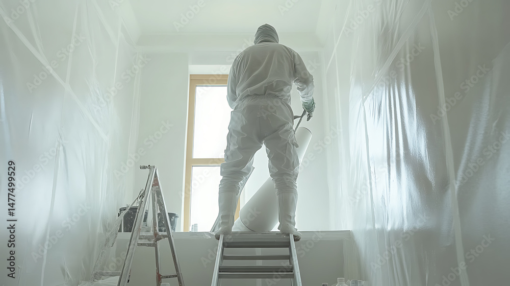 Painter in Protective Gear on Ladder Preparing to Paint Painter in Protective Gear on Ladder Preparing to Paint