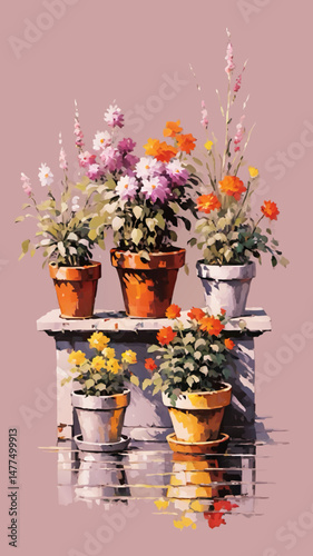 flower pots on a garden bech vector illustration
