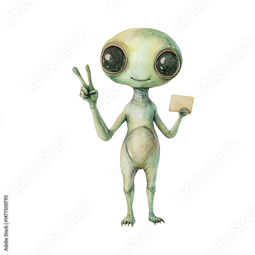Cute alien character holding a card and flashing a peace sign with a friendly expression in a whimsical style